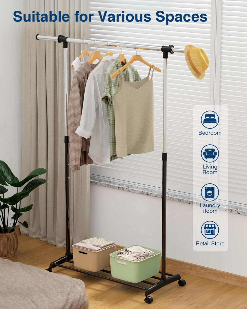 Whitmor Deluxe Adjustable Garment Rack - Rolling Clothes Organizer - Black an...
