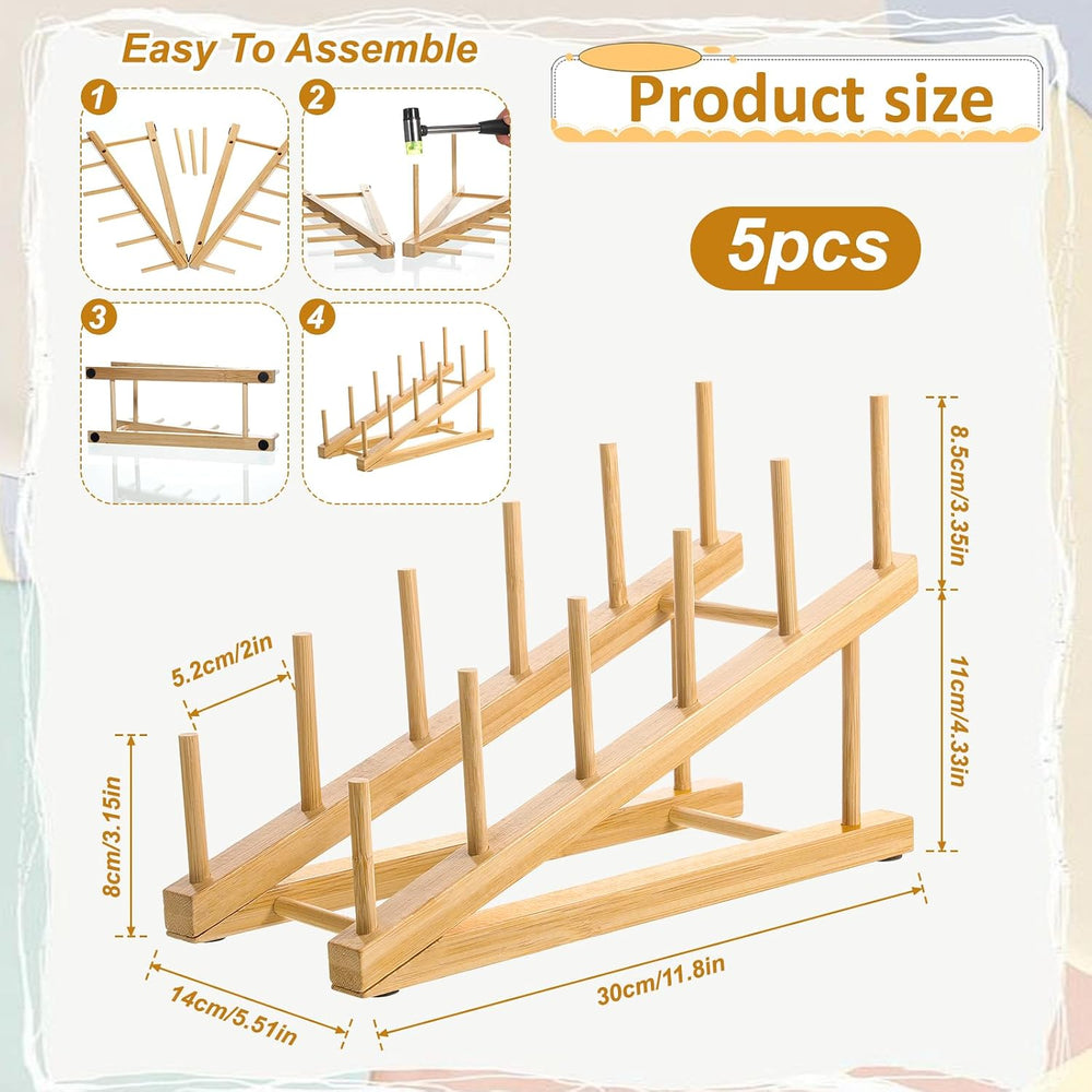 5 Pack Wooden Dish Rack Wooden Plate Stands for Display Multi Tier Plate Hold...