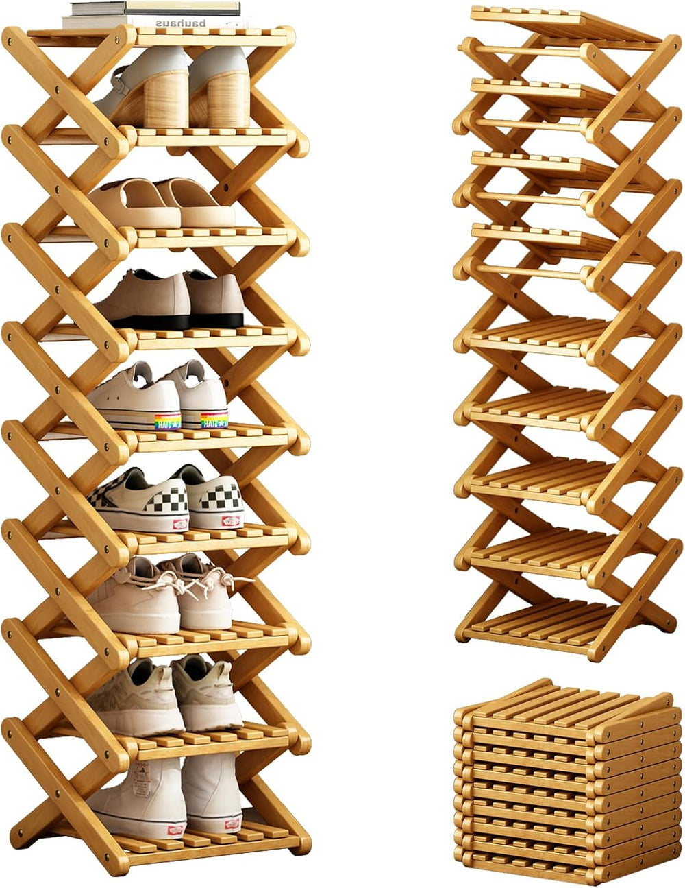 9 Tier Bamboo Shoe Rack, Foldable Narrow Organizer for Closet & Small Space