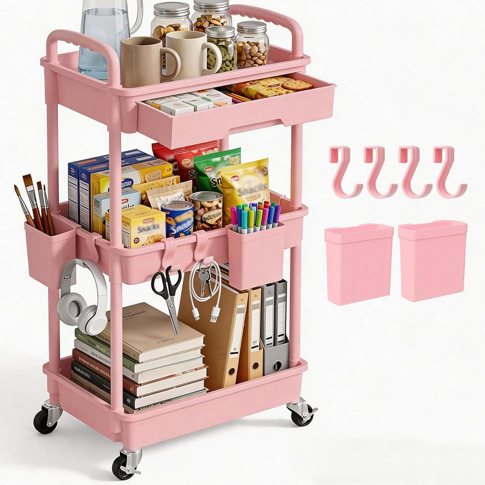 3 Tier Rolling Utility Cart with Drawer, Plastic Storage Organizer Rolling Ca...