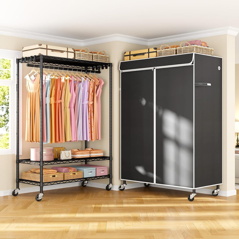 P6C Plus Rolling Clothes Rack with Cover, Covered Clothing Rack