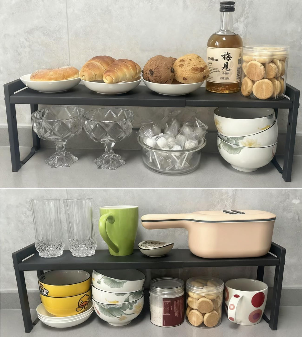 2 Pack Expandable Cabinet Shelf 5.1"D Adjustable Counter Riser Rack Black