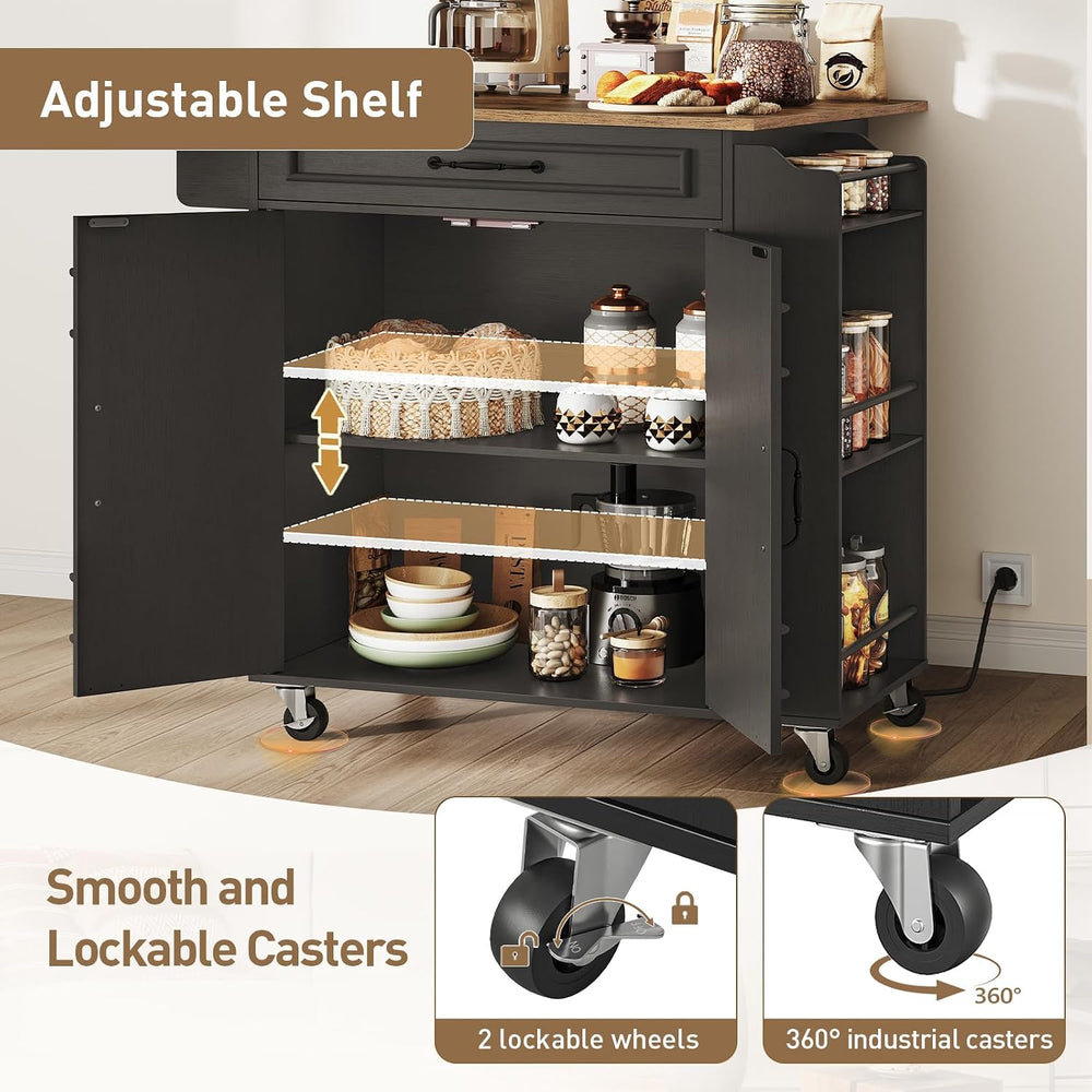 Kitchen Island with Power Outlets & Drop Leaf, Rolling Kitchen Cart on Wh...