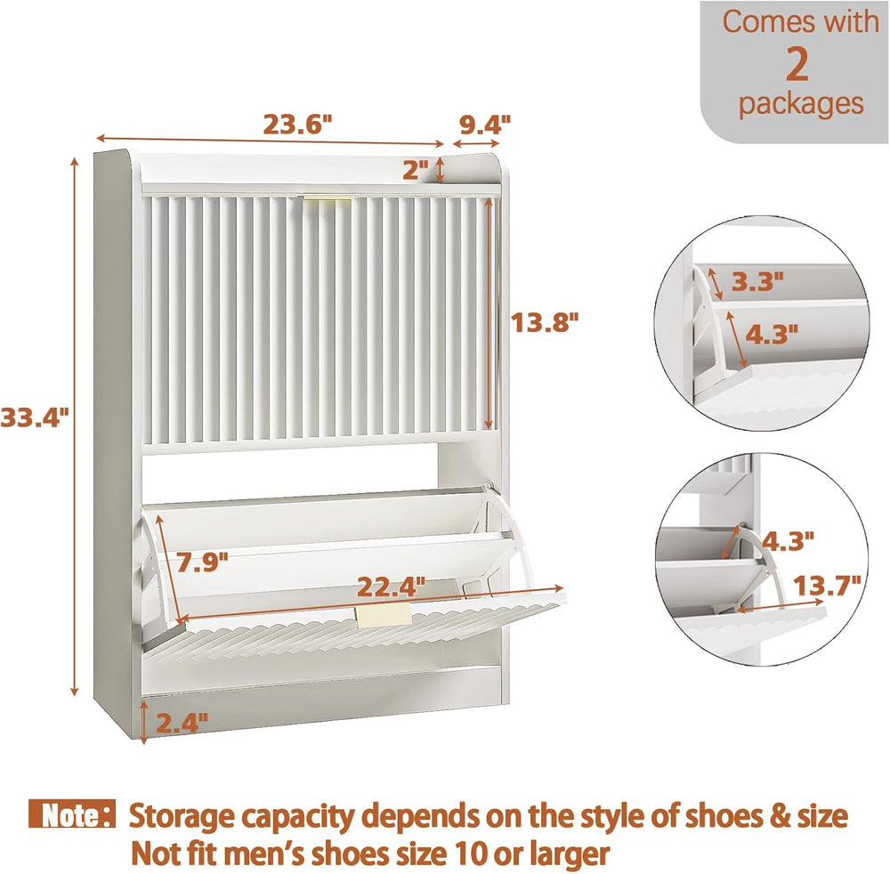White Fluted Shoe Cabinet, Narrow Entryway Storage Rack Organizer