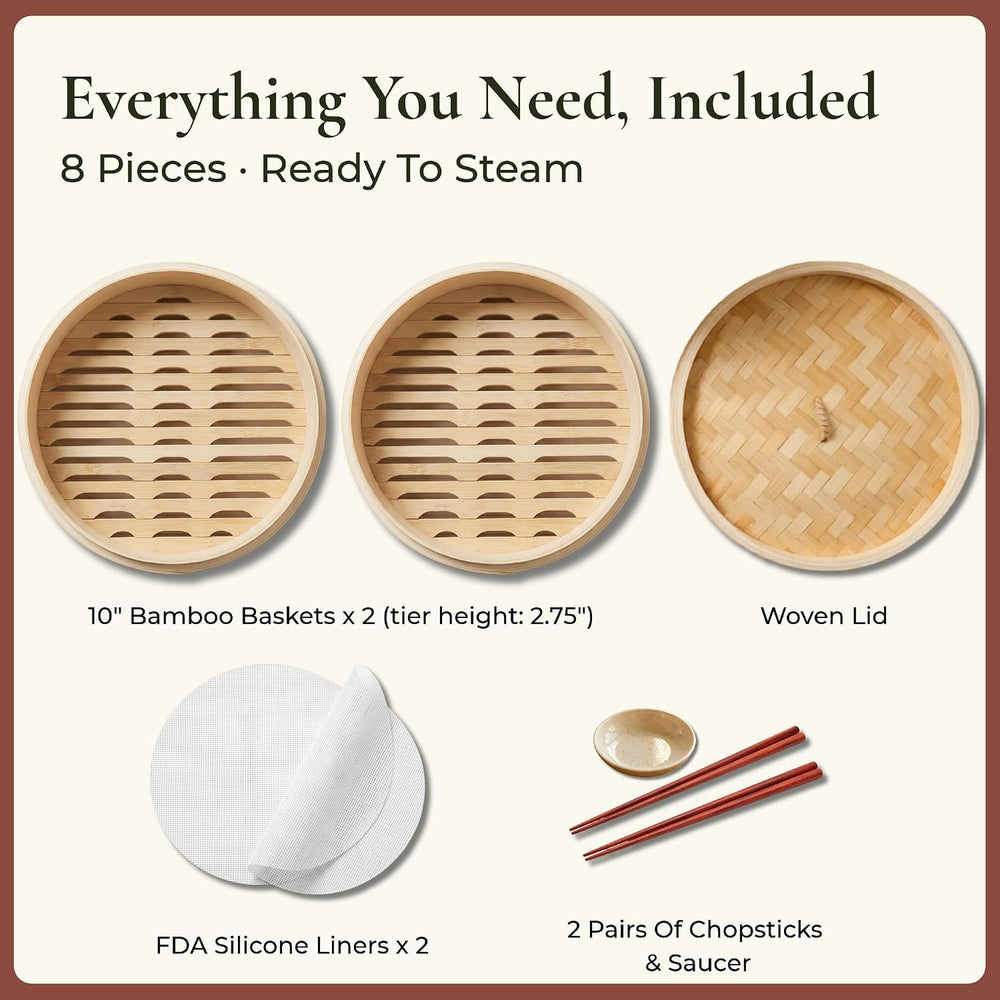 Bamboo Steamer Basket 10-Inch, 2-Tier Dumpling Steamer Cooking