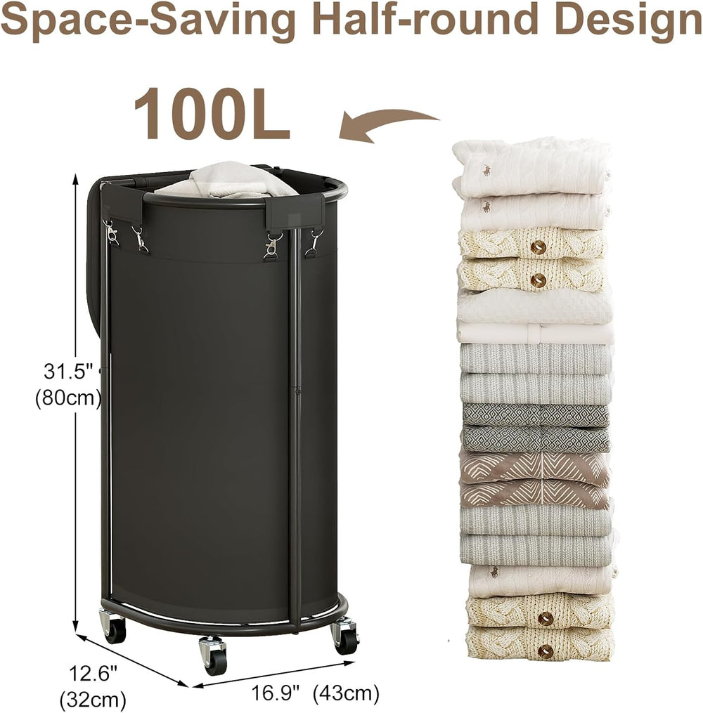 Laundry Hamper with Wheels and Lid, 100L Half Round Rolling Laundry Basket