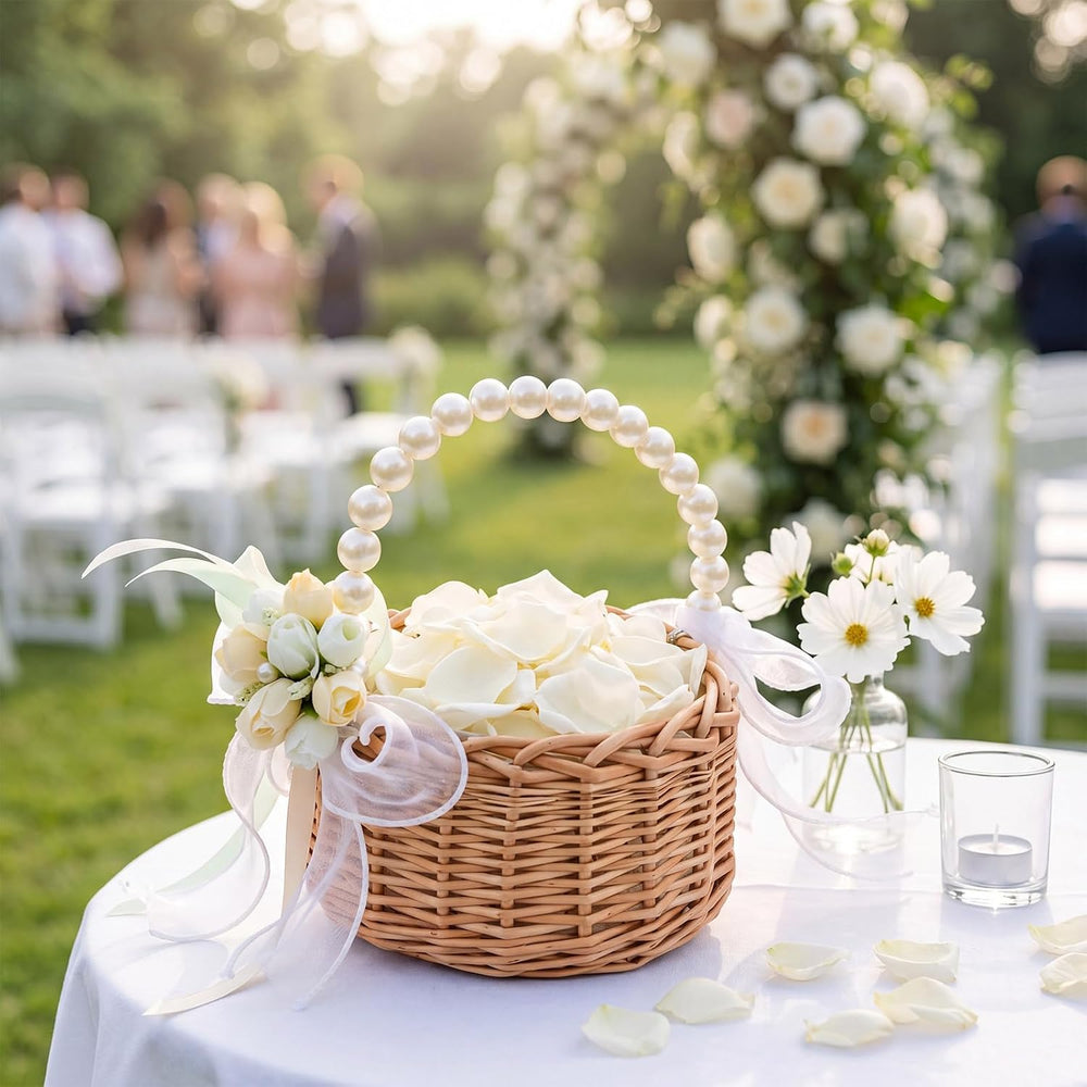 Thyle 4 Sets Wicker Rattan Flower Girl Basket with Wrist Corsage, Champagne