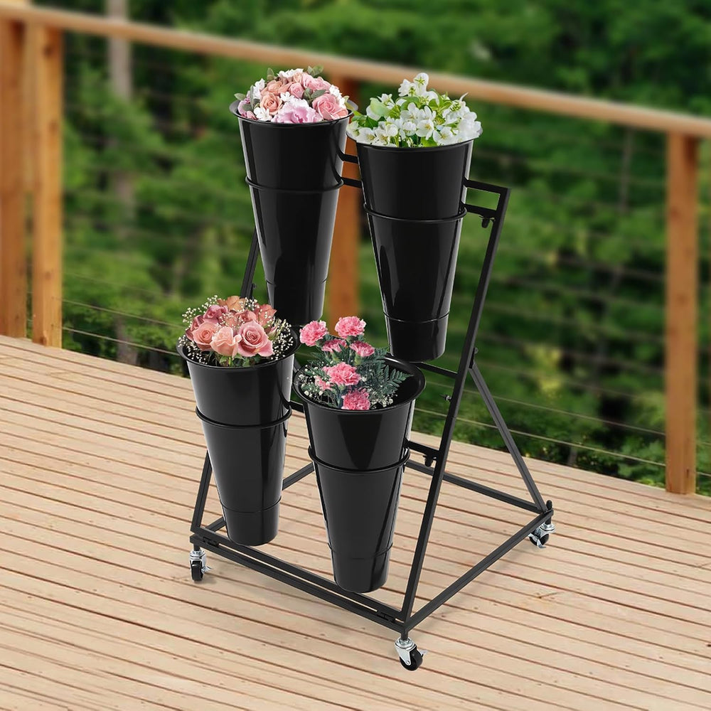 Flower Display Stand with 4PCS Round Buckets 2 Tiers Metal Mobile Florist Bou...