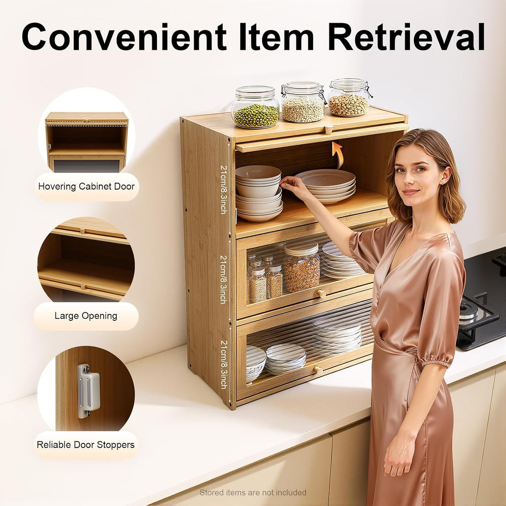 Bamboo Storage Cabinet Kitchen Pantry Sideboard with Acrylic Door Corner Brea...