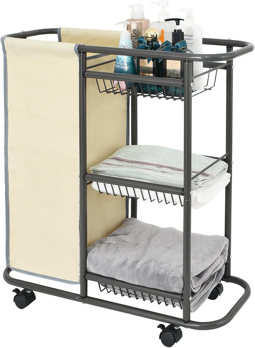 Narrow Laundry Sorter Cart with Wheels, 3 Tier Laundry Storage Cart, Beige