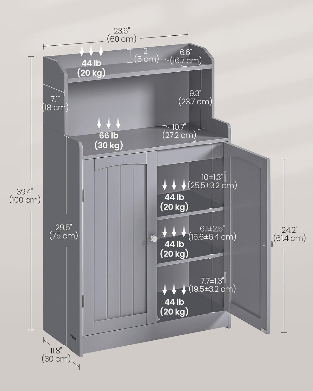 VASAGLE Tall Bathroom Storage Cabinet, Floor Cabinet with 2 Doors, 39.4" H