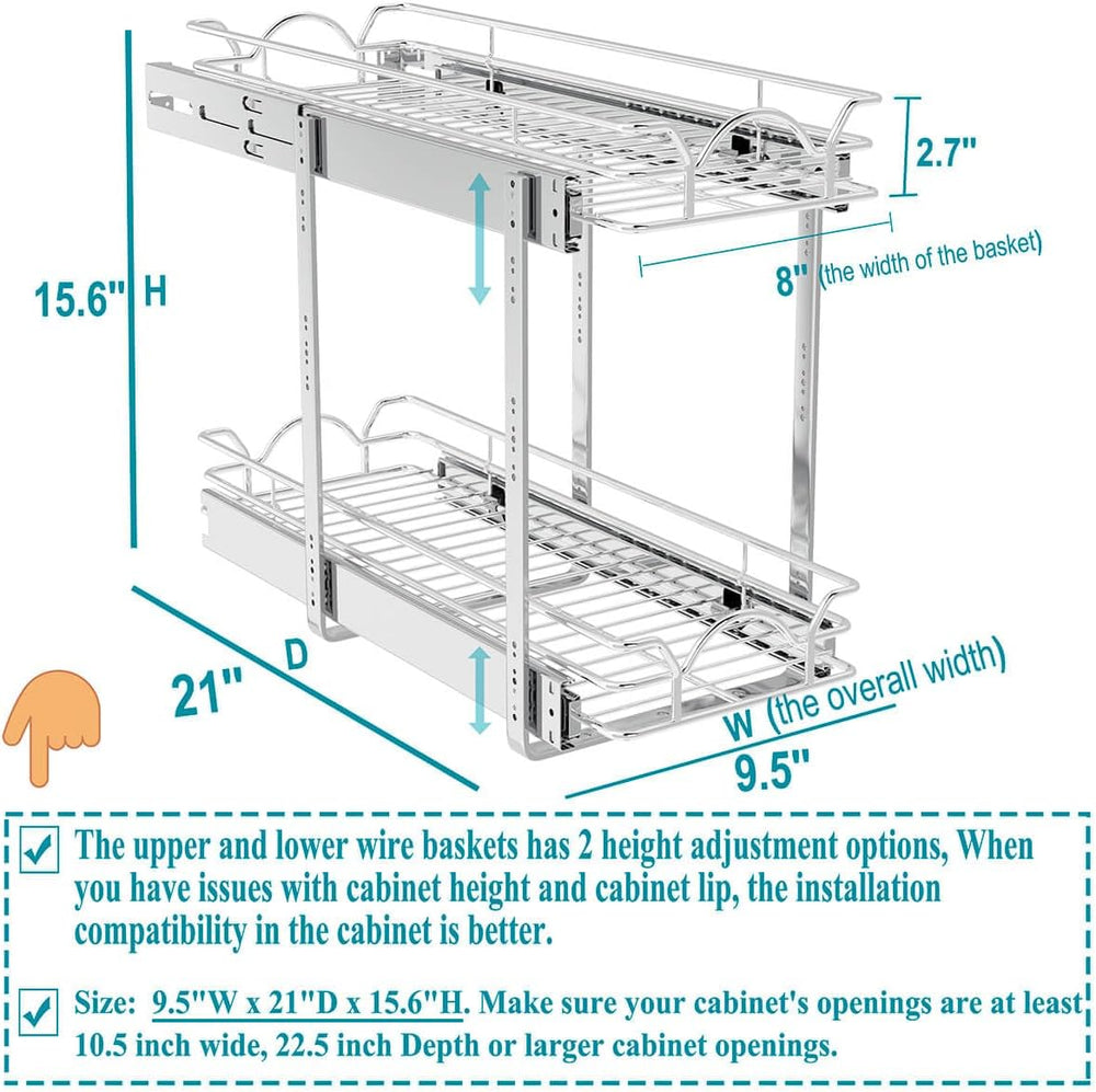 OCG 2 Tier Pull Out Cabinet Organizer (9.5" W x 21" D), Pull Out Dr...