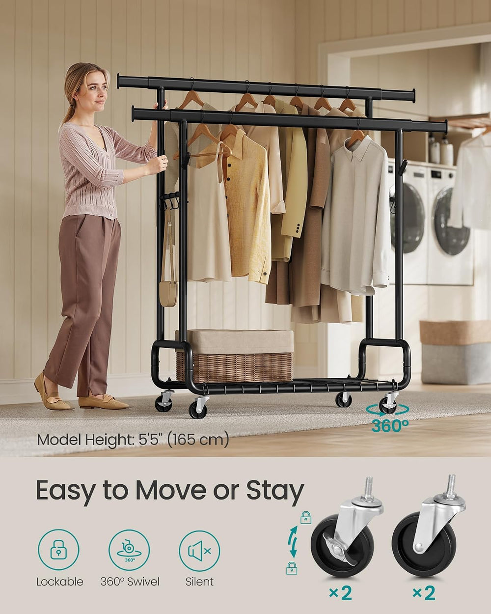 SONGMICS Clothes Rack, Heavy-Duty Rolling Garment Rack with Shelf