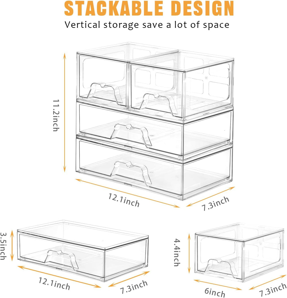 4 Pack Stackable Storage Drawers, Clear Acrylic Organizer, Makeup Organizer