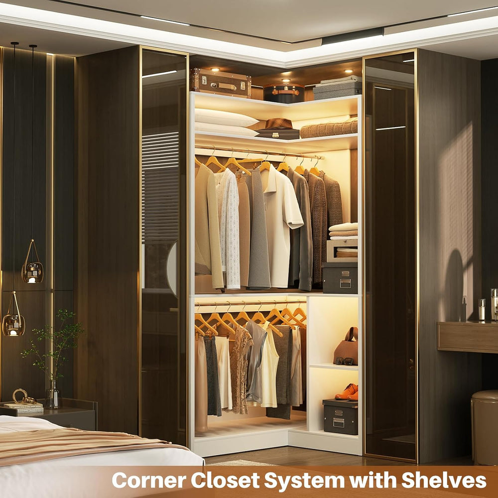 Aheaplus Corner Closet System with Shelves, L Shaped Walk-in Closets, White