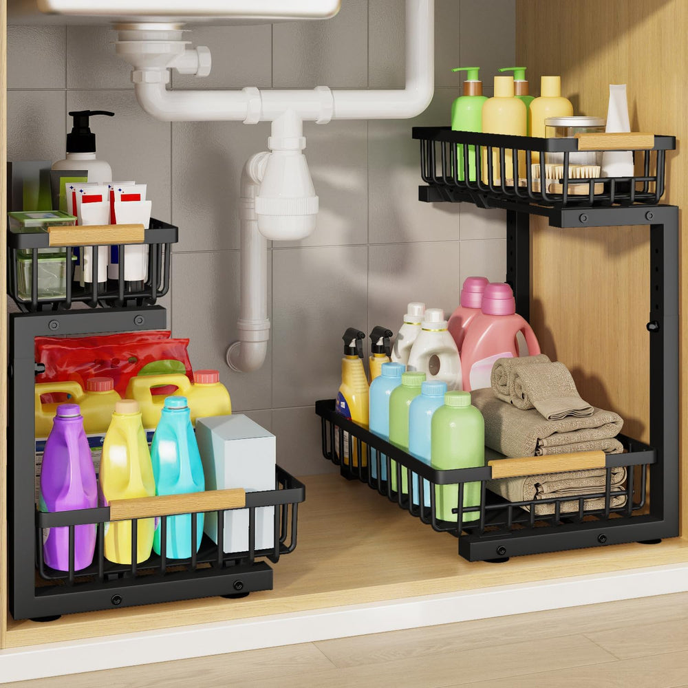 2Pcs Under Sink Organizer, 2-Tier Pull Out Under Sink Organizers and Storage,...