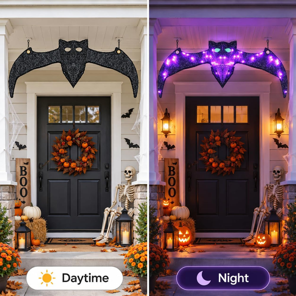 Lighted Hanging Bat Halloween Window Decorations, Large Spooky Glowing Purple...