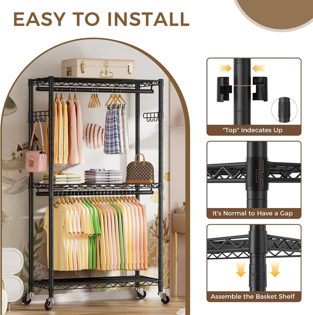 Golpart Heavy Duty Rolling Clothes Rack Wheels Portable Metal Garment Rack