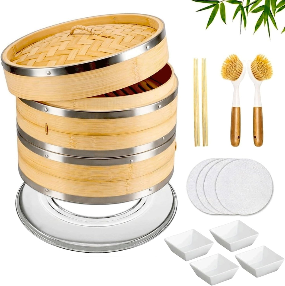 Bamboo Steamer Basket 10 Inch 2 Tier Set for Cooking | Dumpling Steamer Baske...