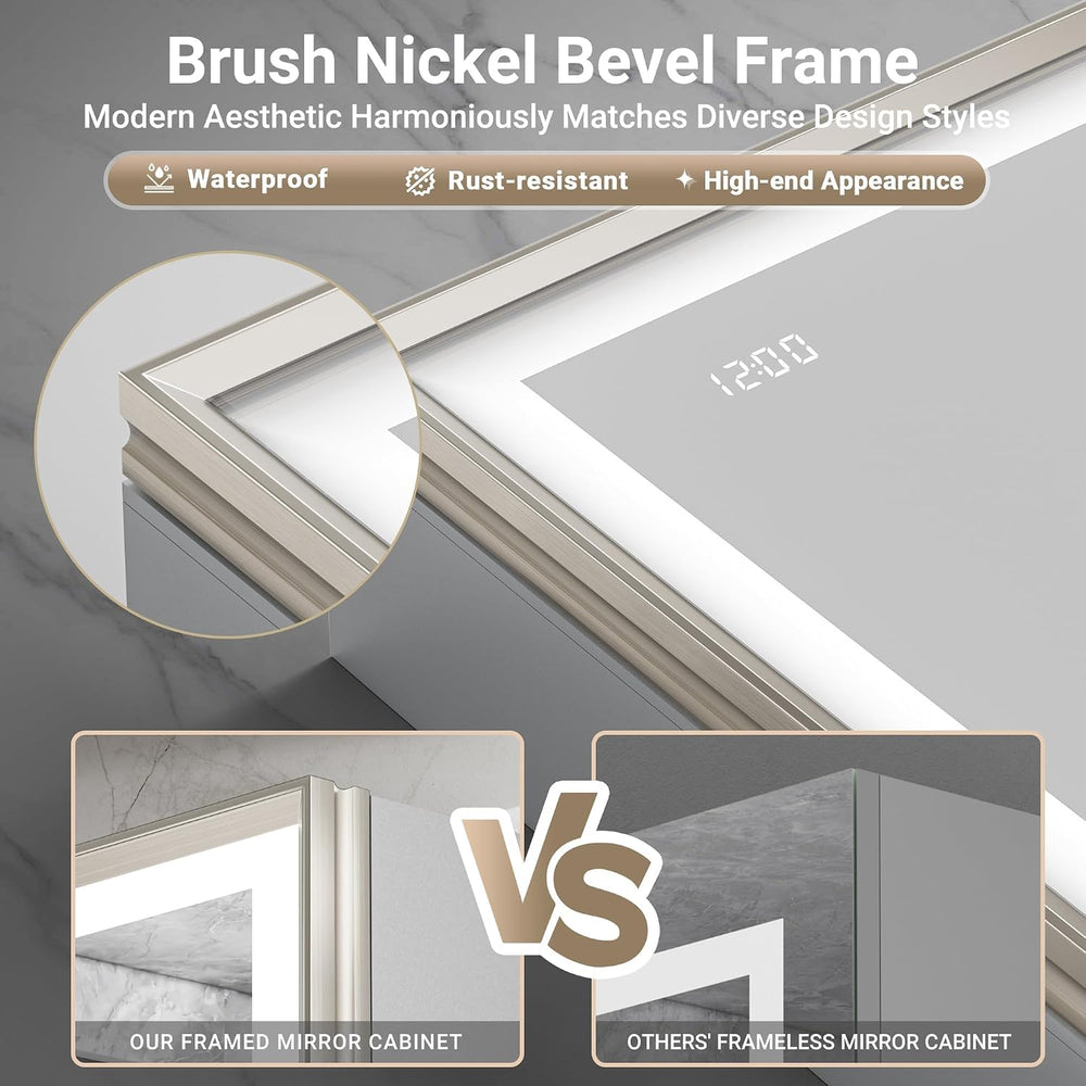 60x30 Lights Medicine Mirror Cabinet, Beveled Brushed Nickel Frame