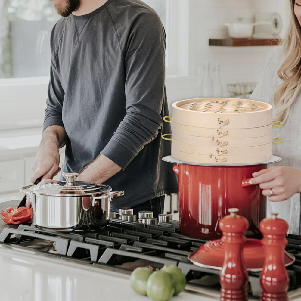 MacaRio 10 Inch Bamboo Steamer Basket Dumpling Make Set with Ring Adapter