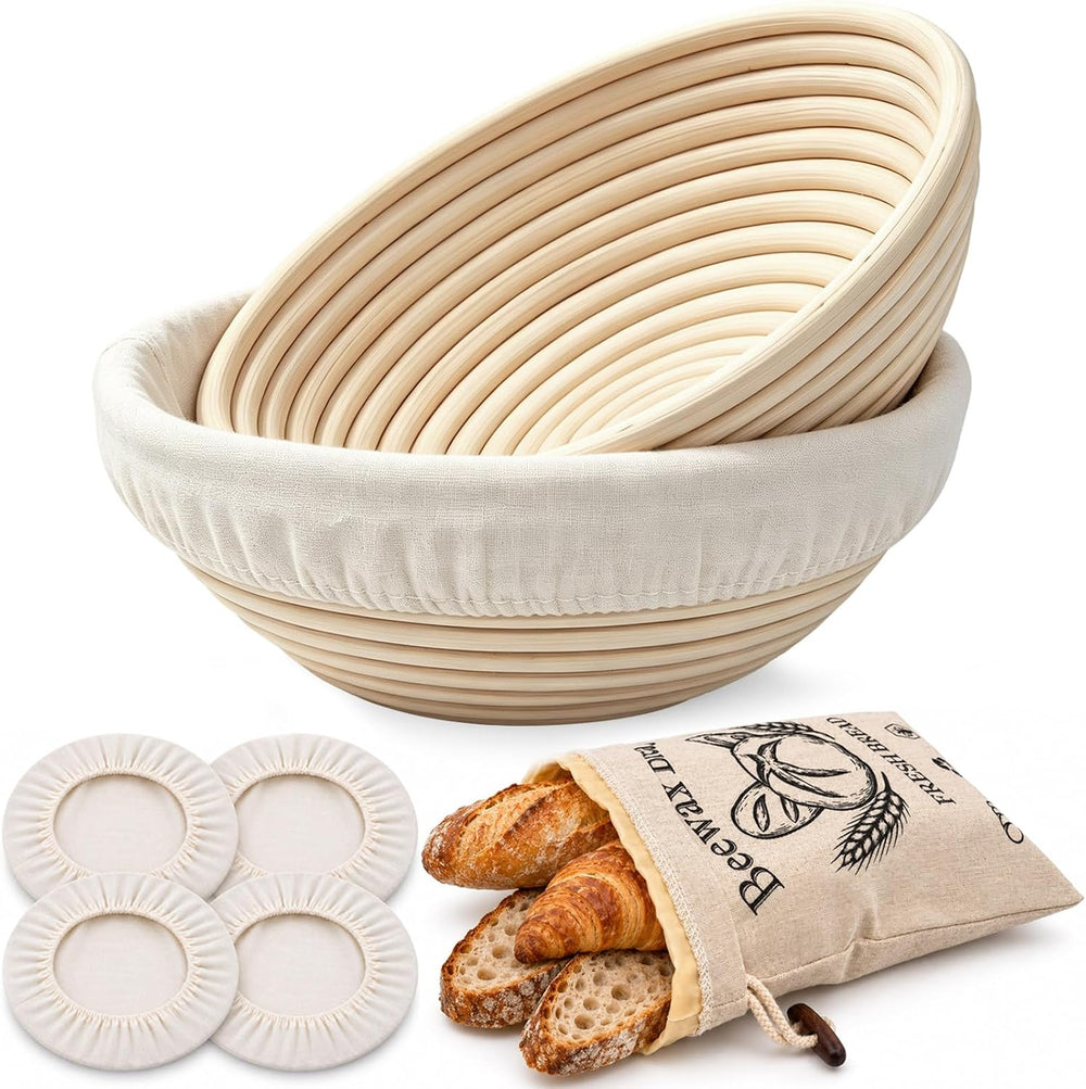 2-Pack Banneton Bread Proofing Basket with Beeswax Bread Bag & 4pcs liners