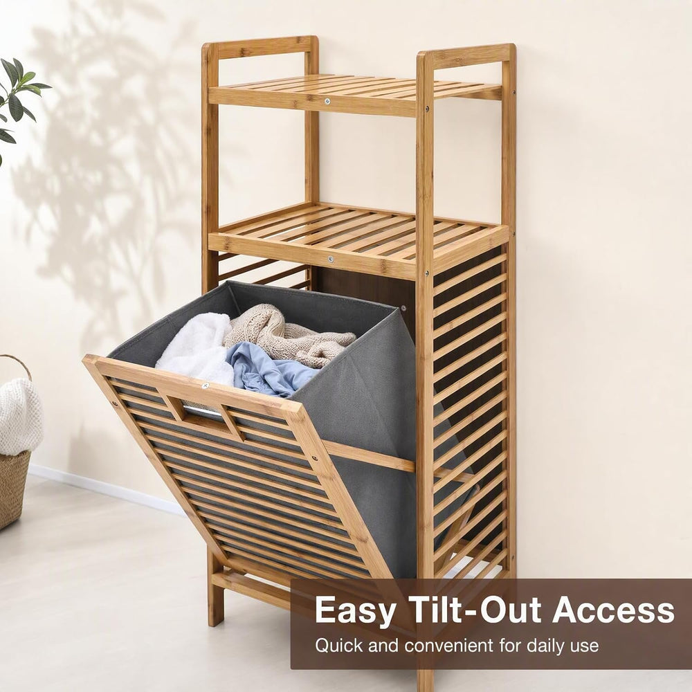 Tilt-Out Laundry Hamper Cabinet, Bamboo Laundry Basket Organizer with Removab...