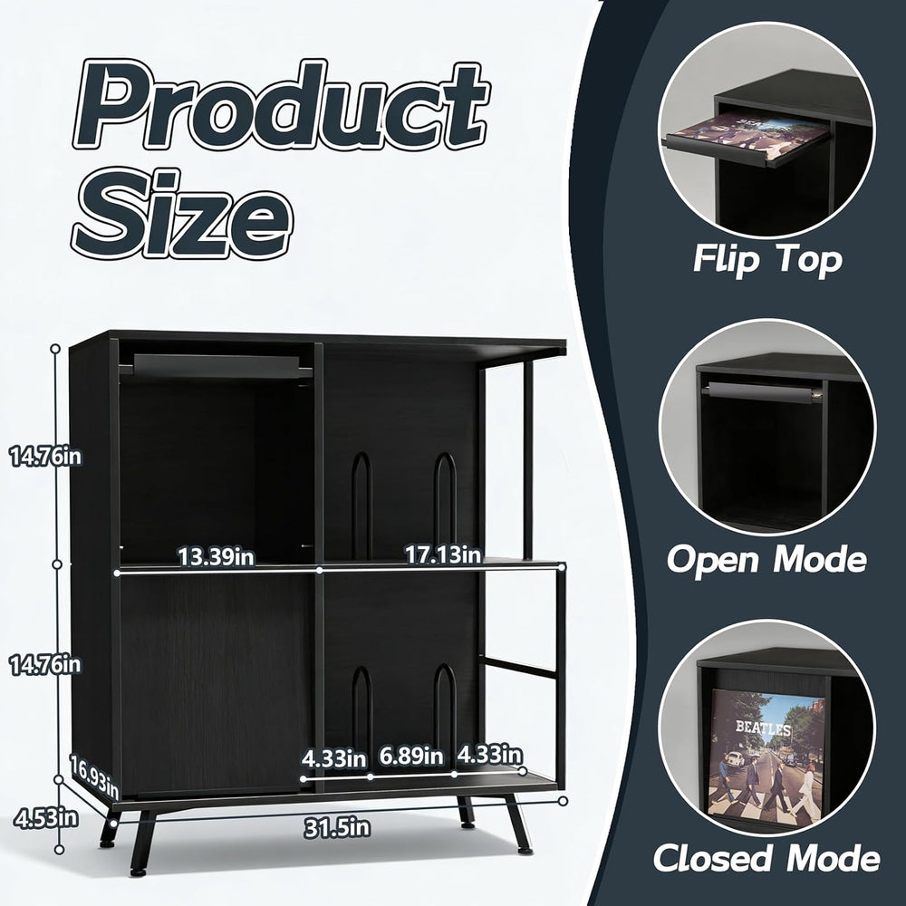 3 Tier Record Player Stand with Flip-Down Record Shelf, Black