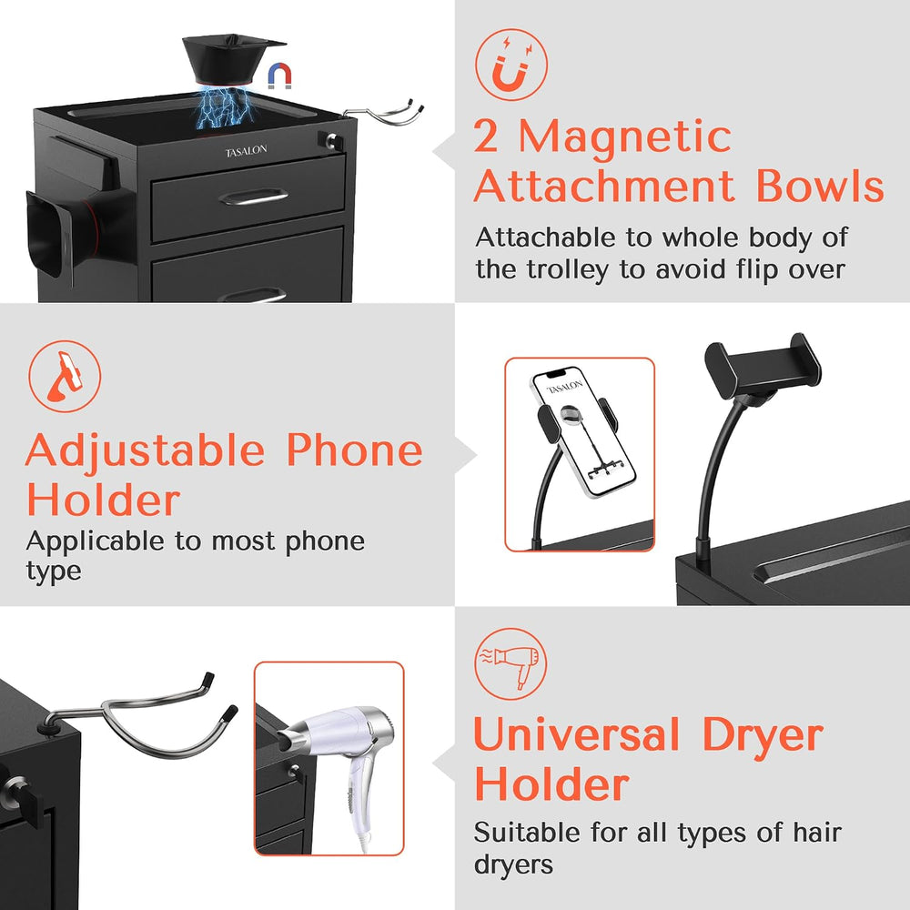 TASALON Wheeled Lockable Metal Salon Cart with Drawers & 2 Magnetic Bowls