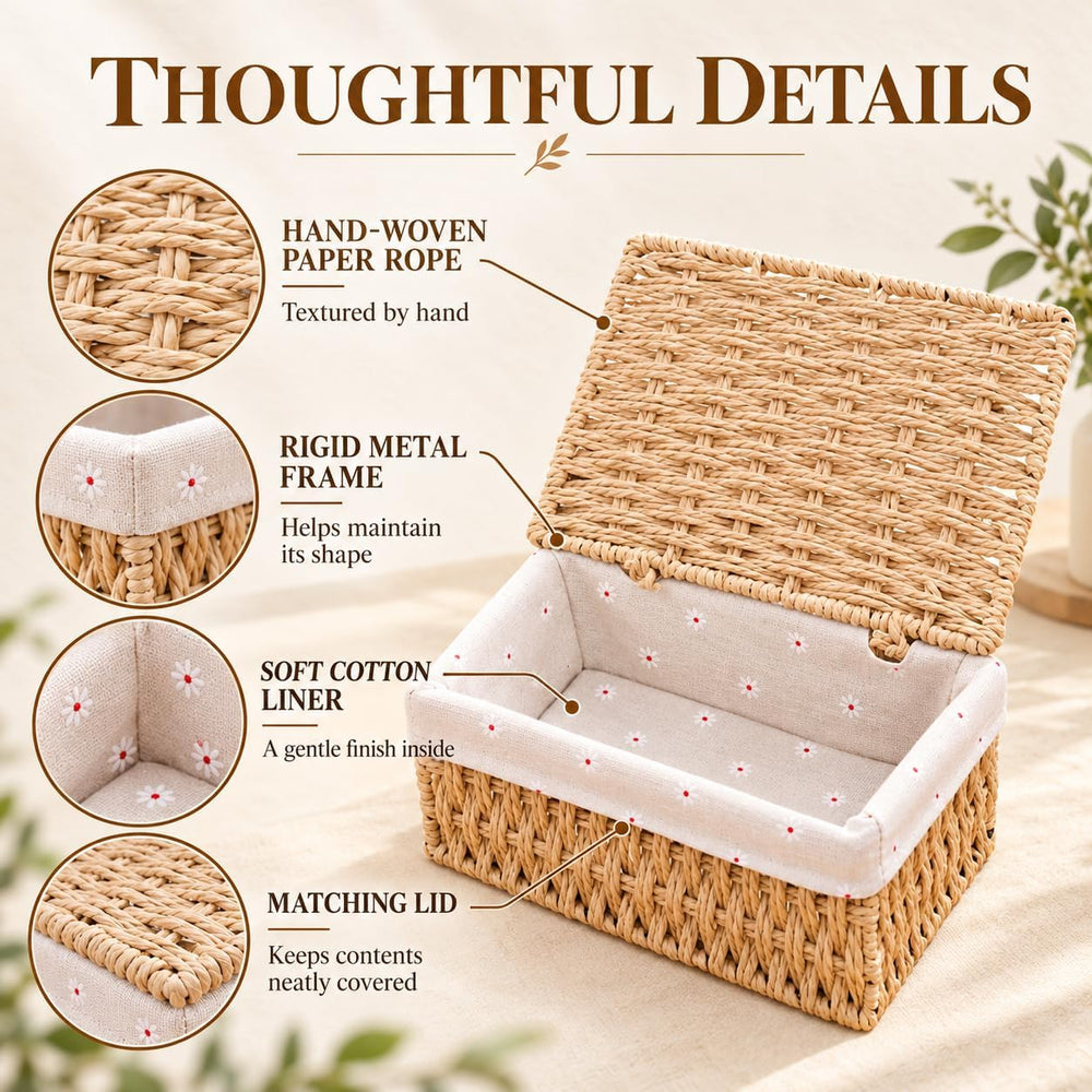 GIB Small Wicker Baskets with Lid & Liner Decorative Storage Boxes Set of 3