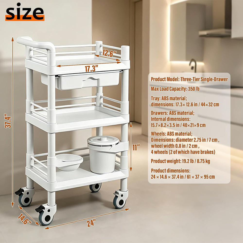 3-Tier Medical Mobile Trolley Cart, Rolling Esthetician Utility Cart