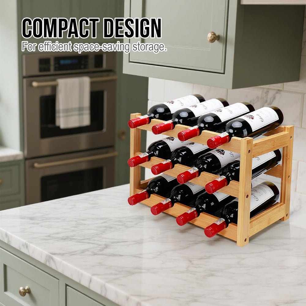 Bamboo Wine Rack, 3-Tier 12 Bottles Wine Storage Cabinet Shelf