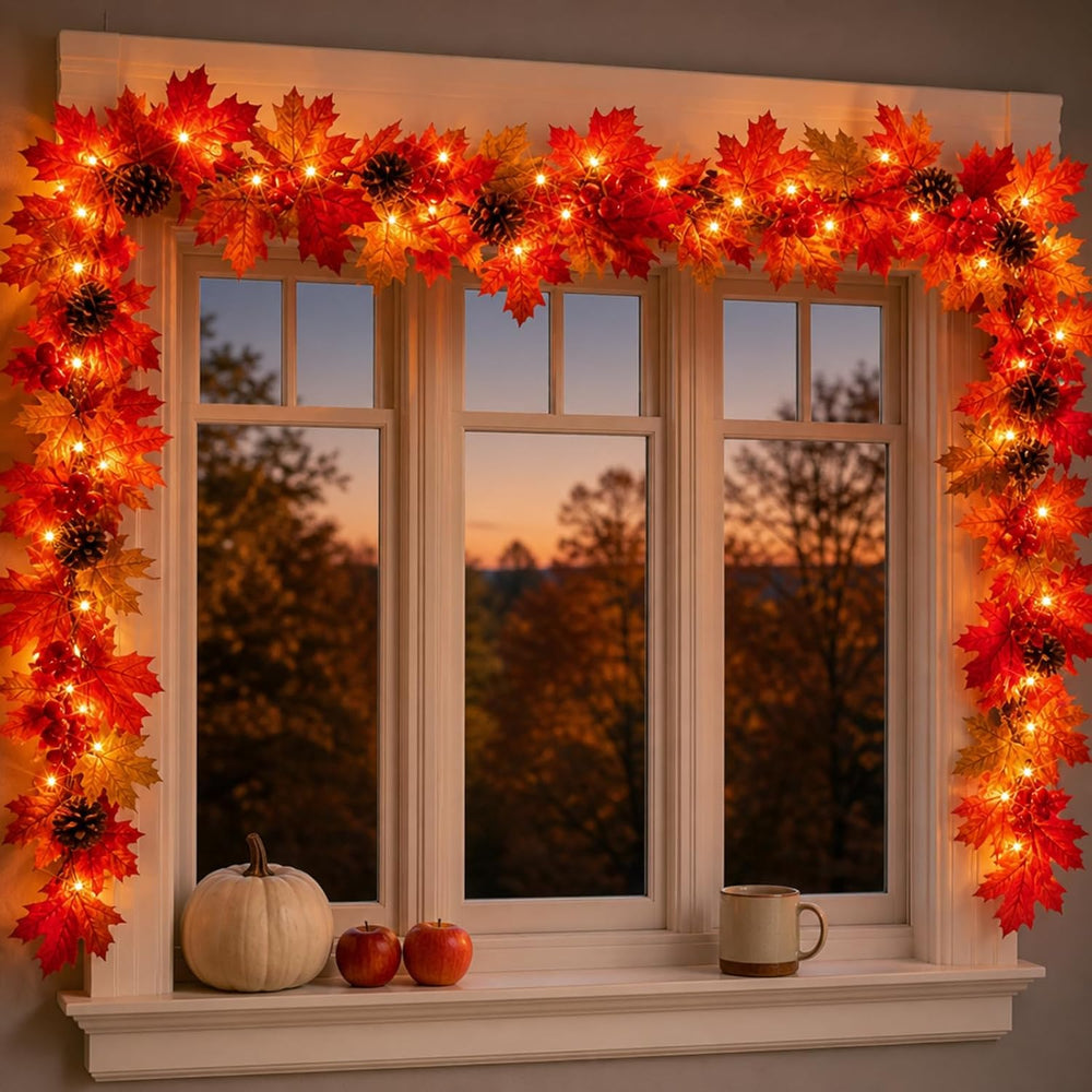 Fall Decorations Lighted Fall Garland with Pinecones and Berries, 9FT 50 Inca...