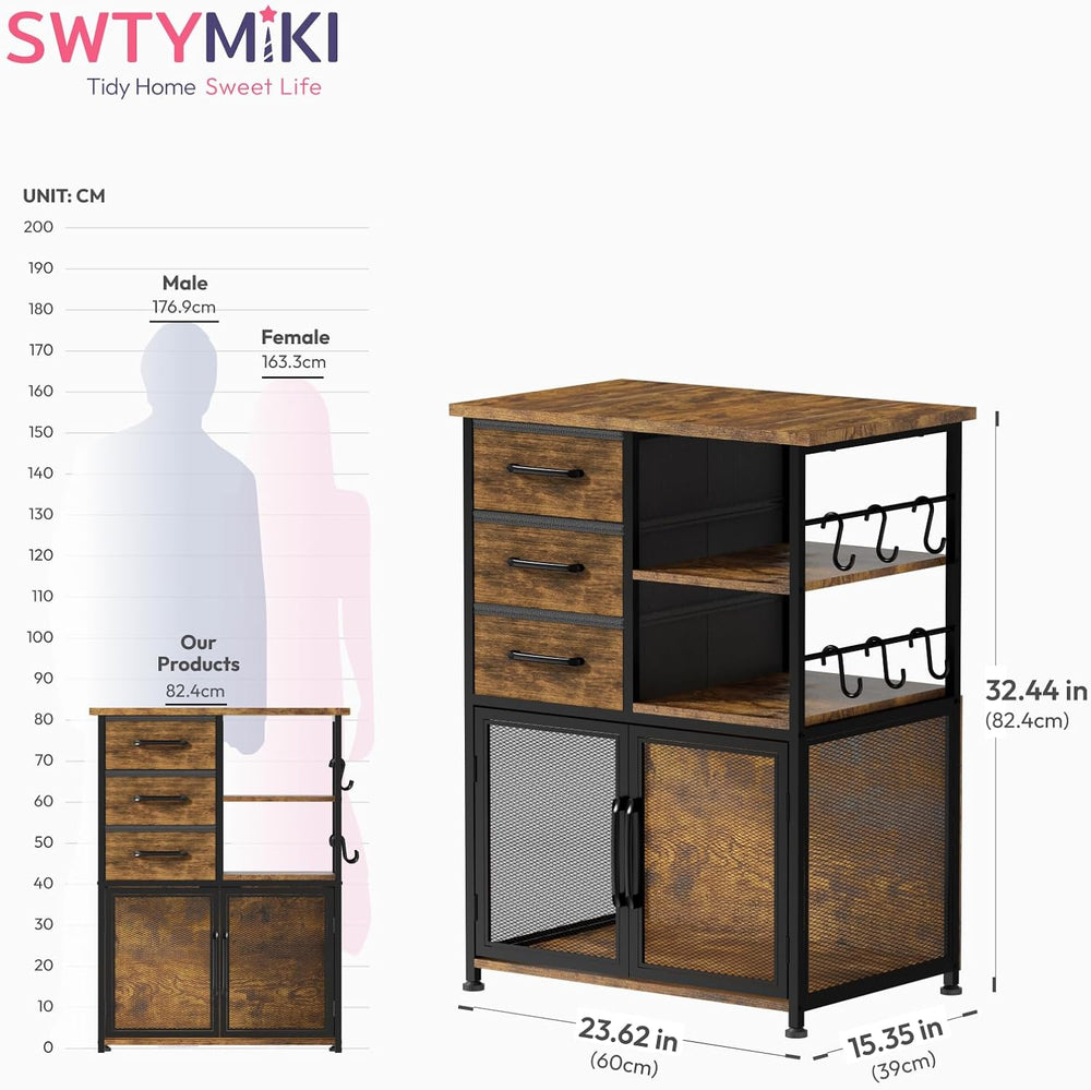 Coffee Bar Cabinet with Drawers - Open Shelves and Mesh Doors