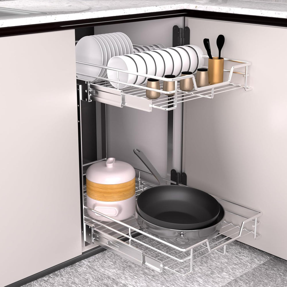 EZKAZA Pull Out Cabinet Organizer 17.5" W x 21" D, 2-Tier Kitchen C...