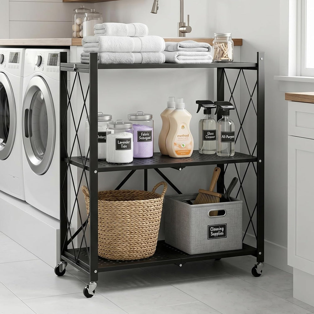 3-Tier Foldable Storage Shelves with Wheels (Black)