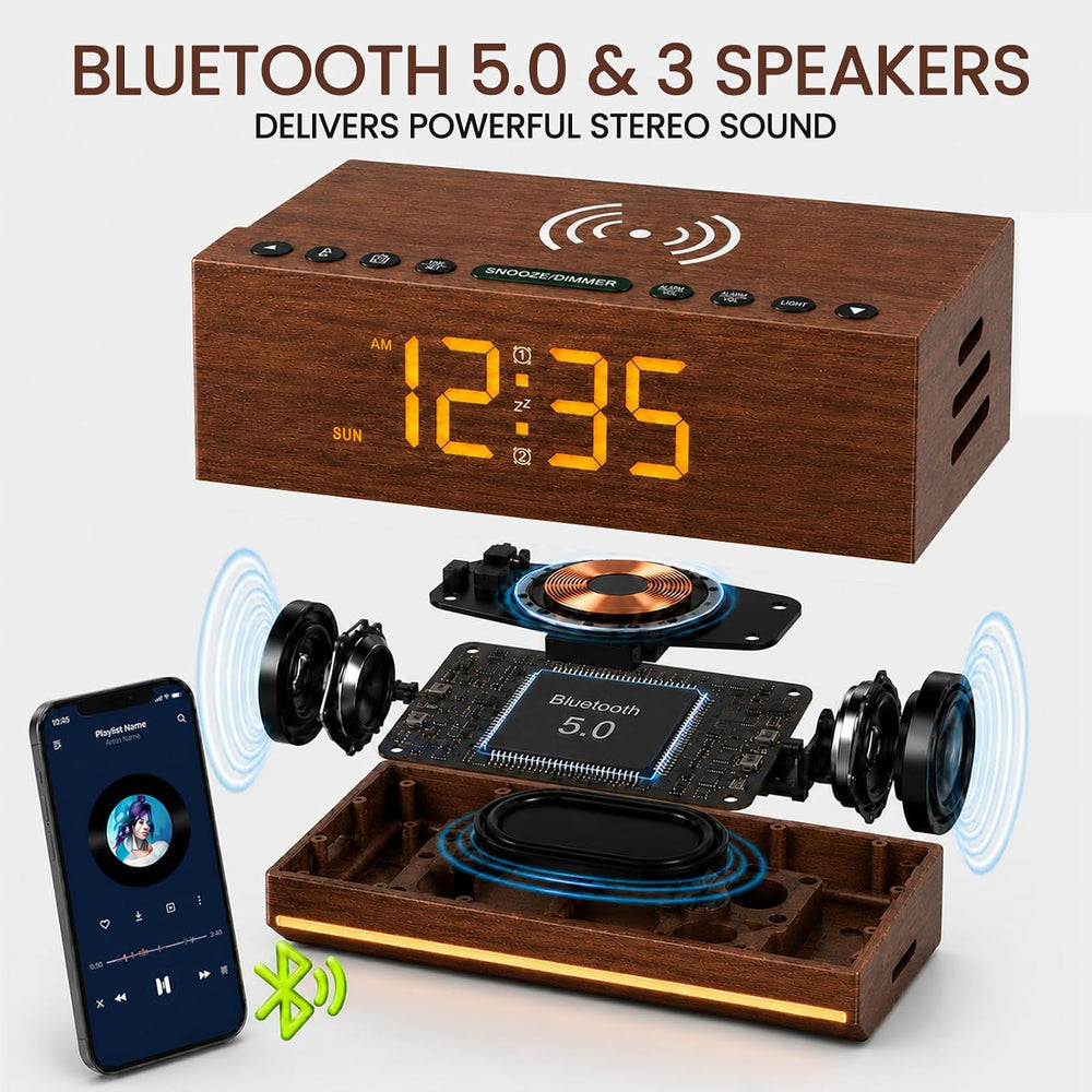 Wooden Digital Alarm Clock with Wireless Charging & Bluetooth Speaker