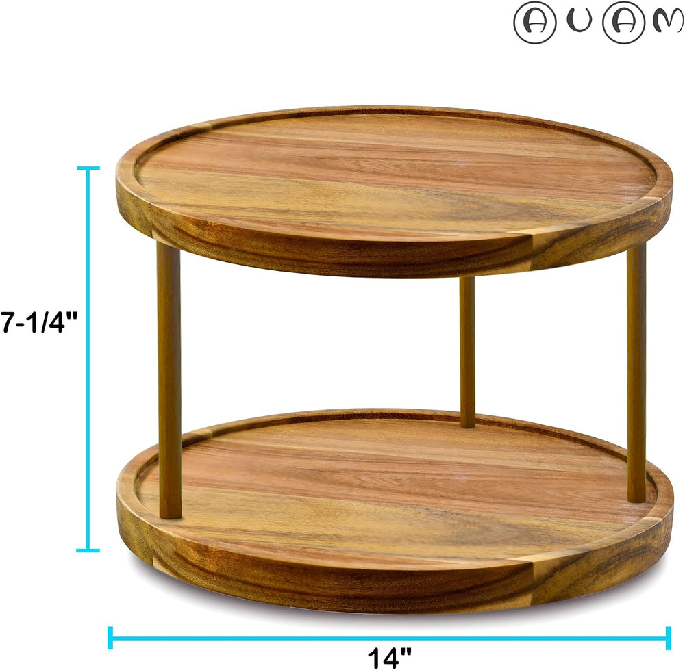 14" Two-Tier Acacia Wood Lazy Susan Organizer Kitchen Turntable for Cabi...