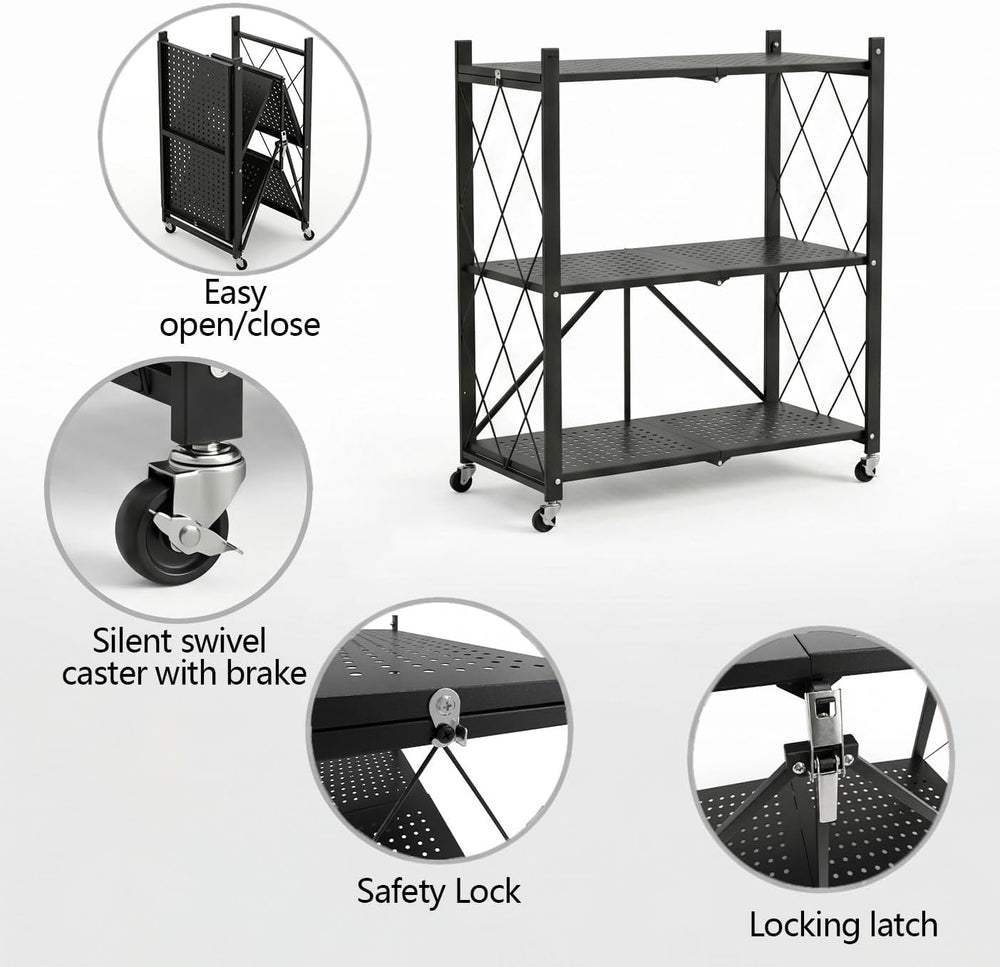 3-Tier Foldable Storage Shelves with Wheels (Black)