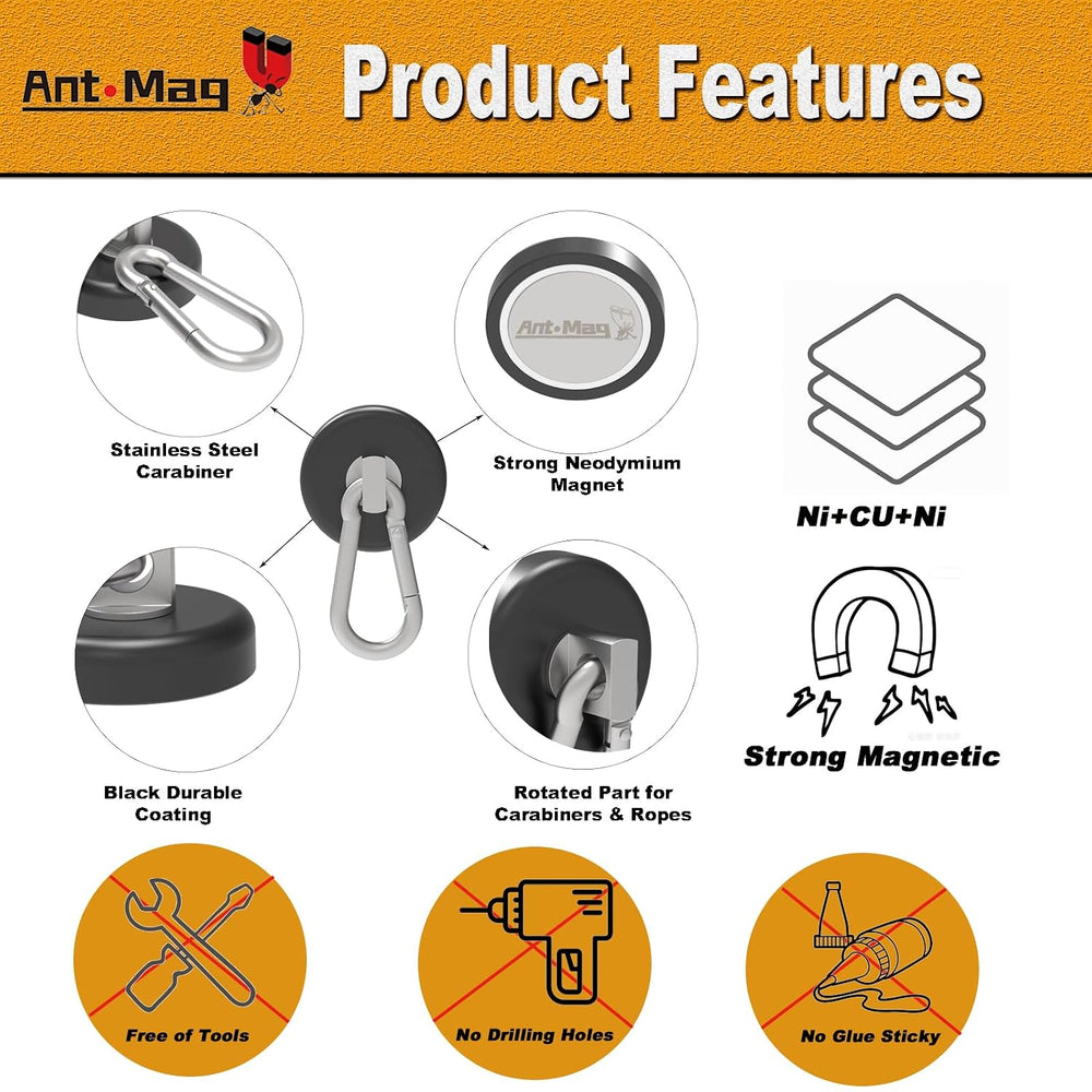 Ant Mag Magnetic Hooks Heavy Duty Neodymium, 140LBS Swiveling Carabiner