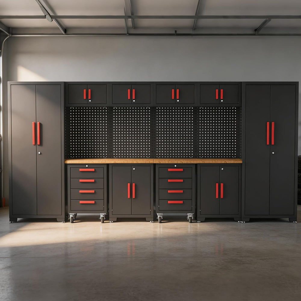 BIG RED Garage Storage Cabinets System, 12Pcs Workshop Cabinet Set in Black
