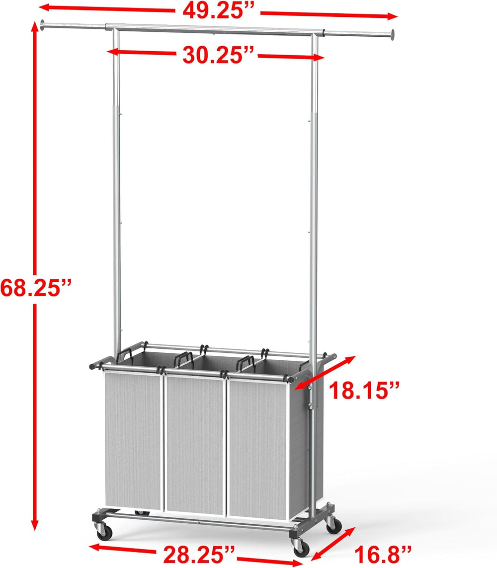 Simple Houseware Laundry Sorter Cart with Hanging Rod, Silver