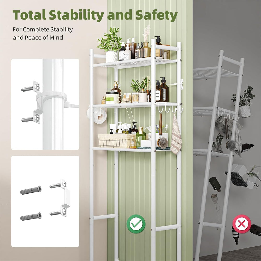 Simple Trending 3-Tier Over Toilet Storage Rack with Paper Holder & Hooks