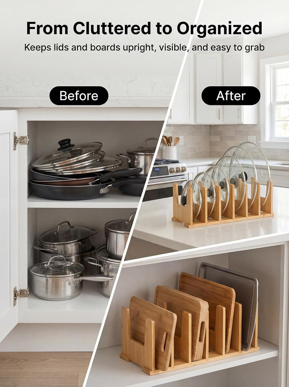 2 Pack Bamboo Pot Lid Organizer for Drawer & Cabinet, 6-Slot Lid Holder