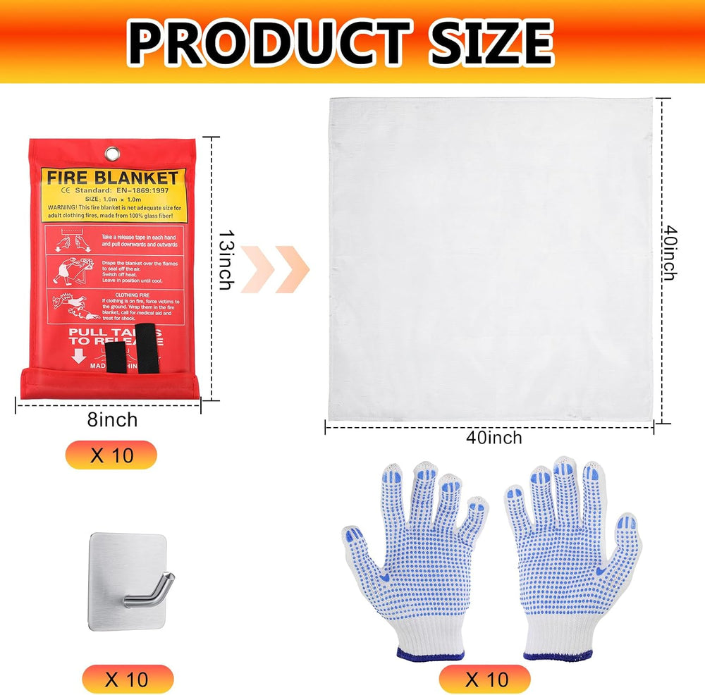 Macarrie 10 Pack Emergency Fire Blanket Bulk with Hooks and Gloves 40'