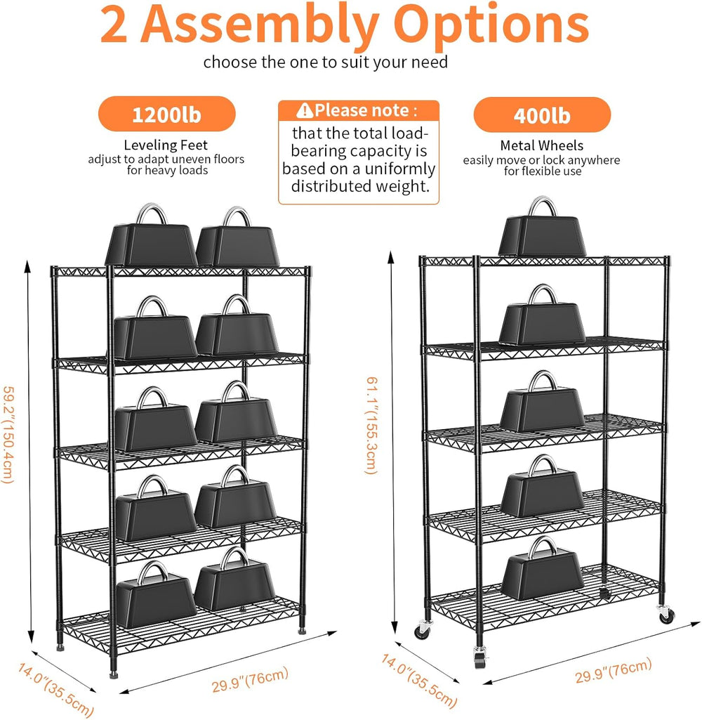 5-Tier Heavy Duty Metal Shelving Unit on Lockable Wheels,30"x14"x62...