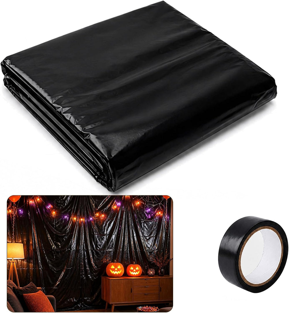 49 x 10 Ft Halloween Black Plastic Sheeting, Spooky Backdrop Decoration Kit
