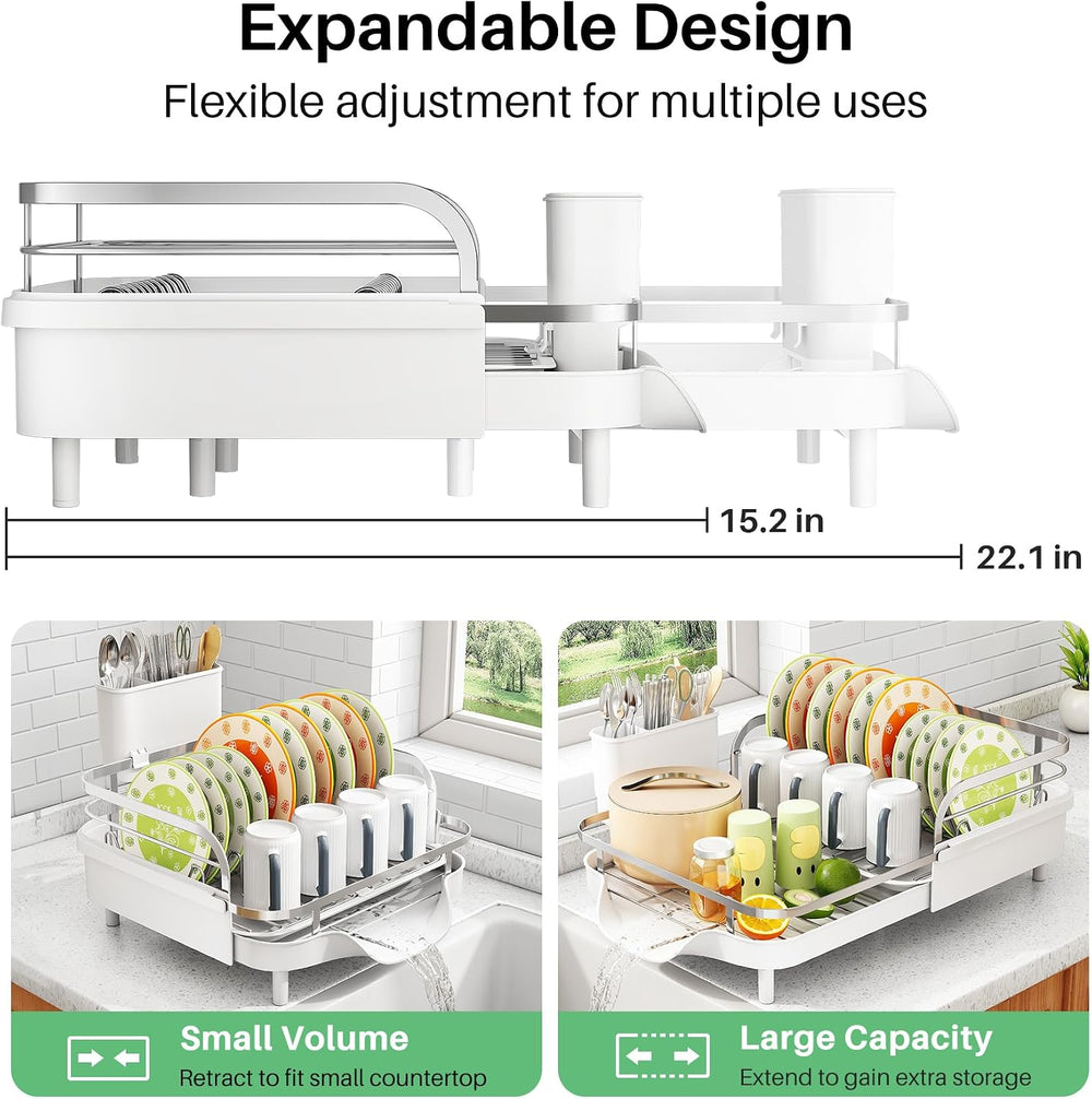 SAYZH Expandable Dish Drying Rack for Small Kitchen Counter, White