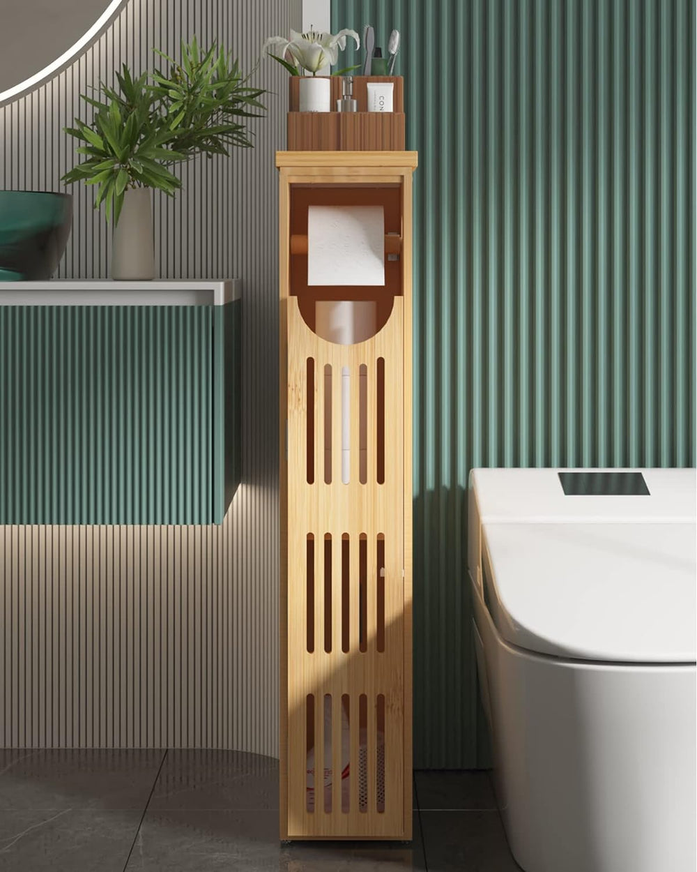 AmazerBath Toilet Paper Storage Cabinet Bamboo, Toilet Paper Holder with Stor...