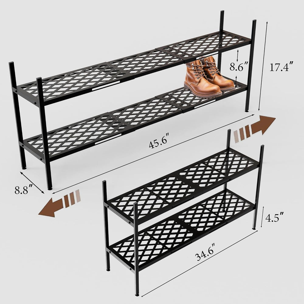 Long Expandable Metal Shoe Rack for Closet, Entryway, Garage, 2-Tier, Black